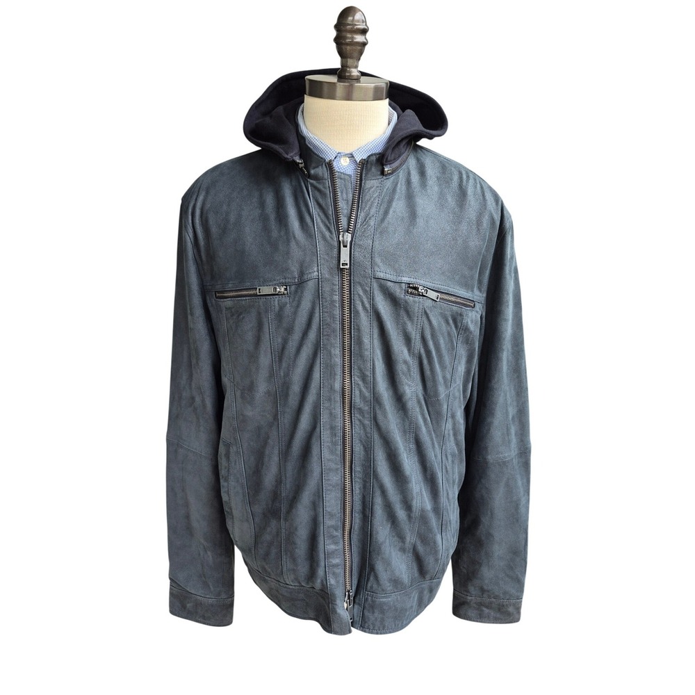 John Varvatos Trace Goatskin Gray Blue Suede Leather Jacket Hooded Zip Front XXL